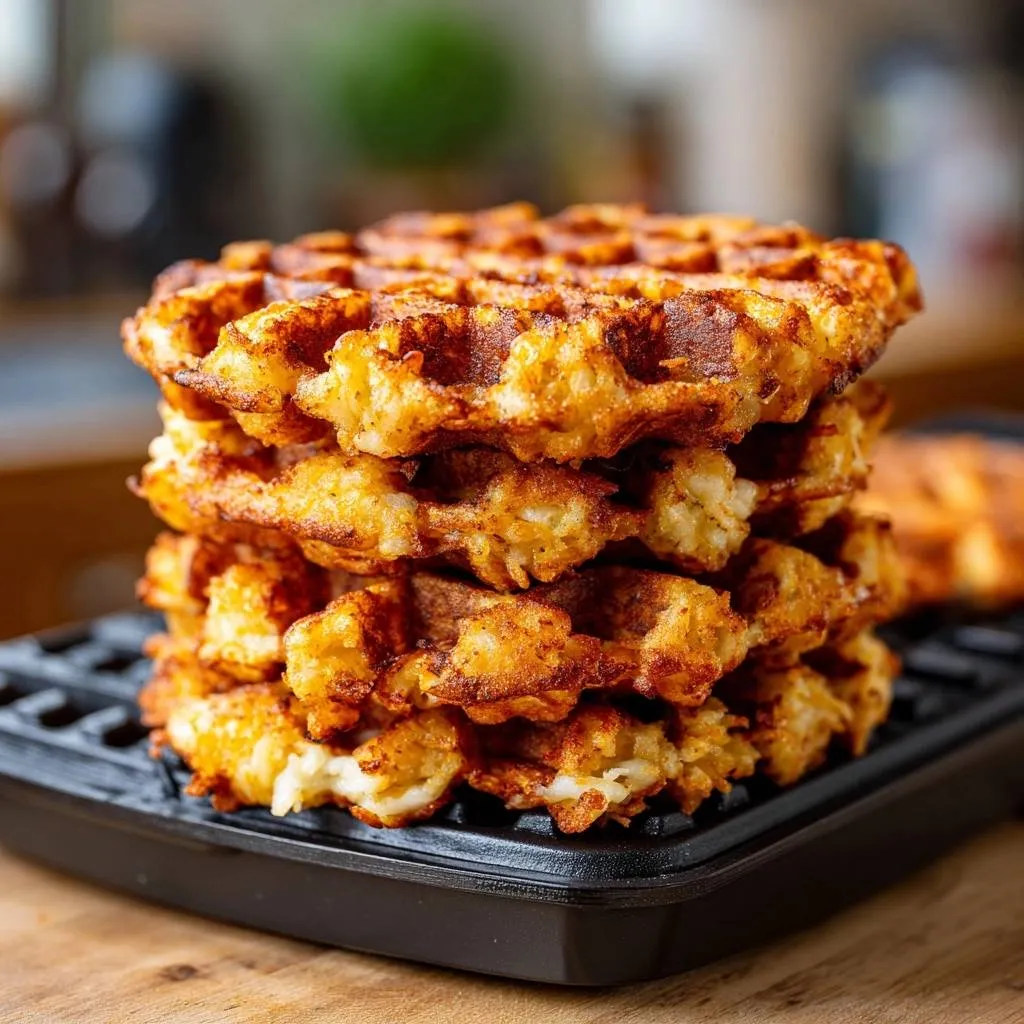 Golden crispy hash brown waffles stacked high, showcasing their textured surface and waffle iron indentations.