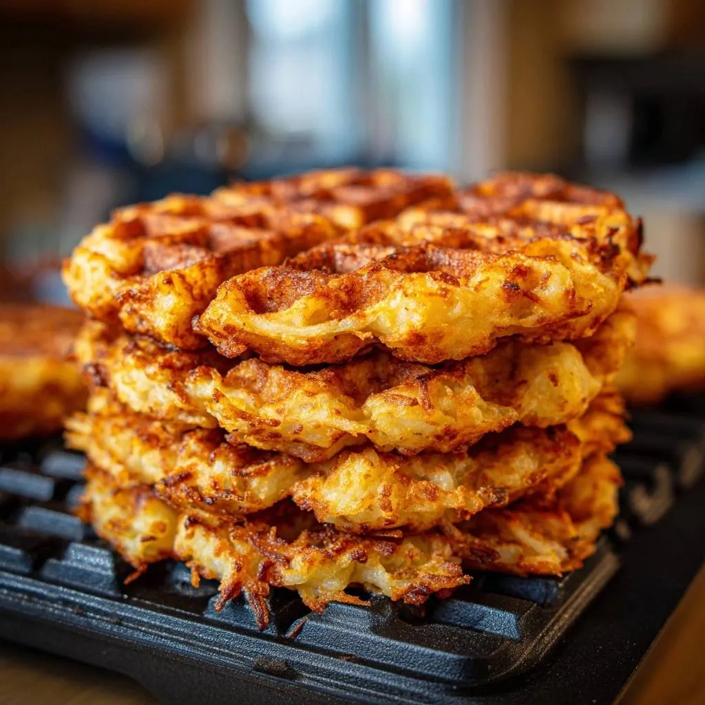 Golden crispy hash brown waffles stacked high on a black waffle iron, showcasing their detailed texture.