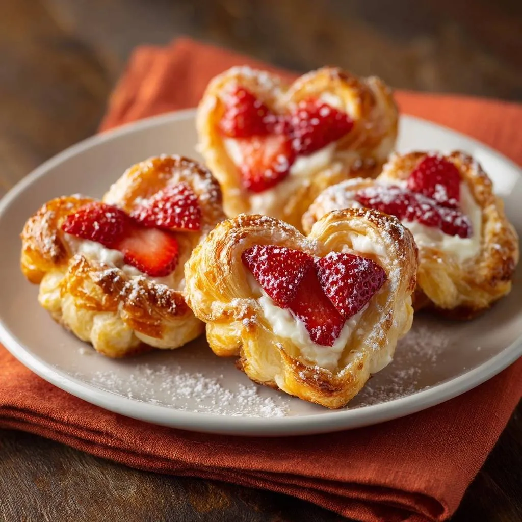 Heart-shaped strawberry cream pastries with a crisp base, artfully arranged on a white plate, dusted with powdered sugar.
