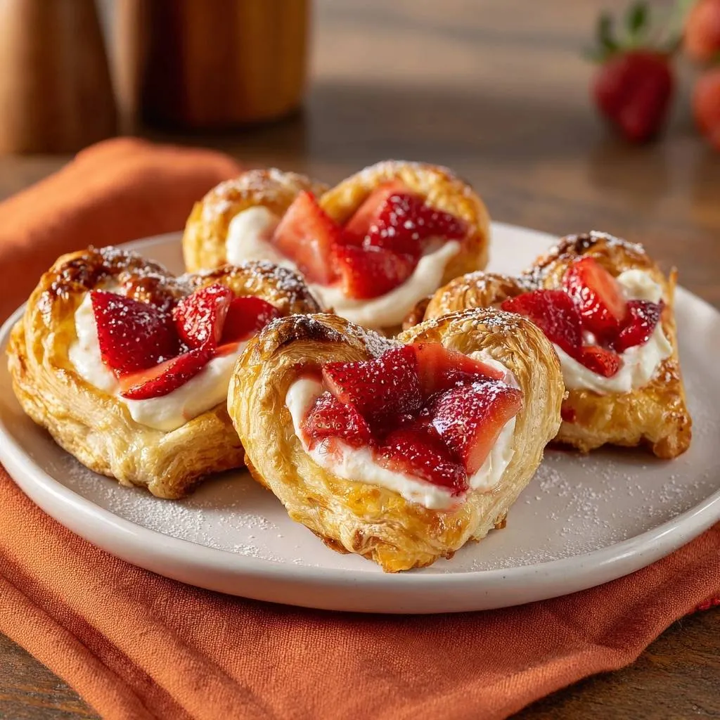 Heart-shaped strawberry cream pastries with a crisp base, plated in a group on a white dish with powdered sugar.