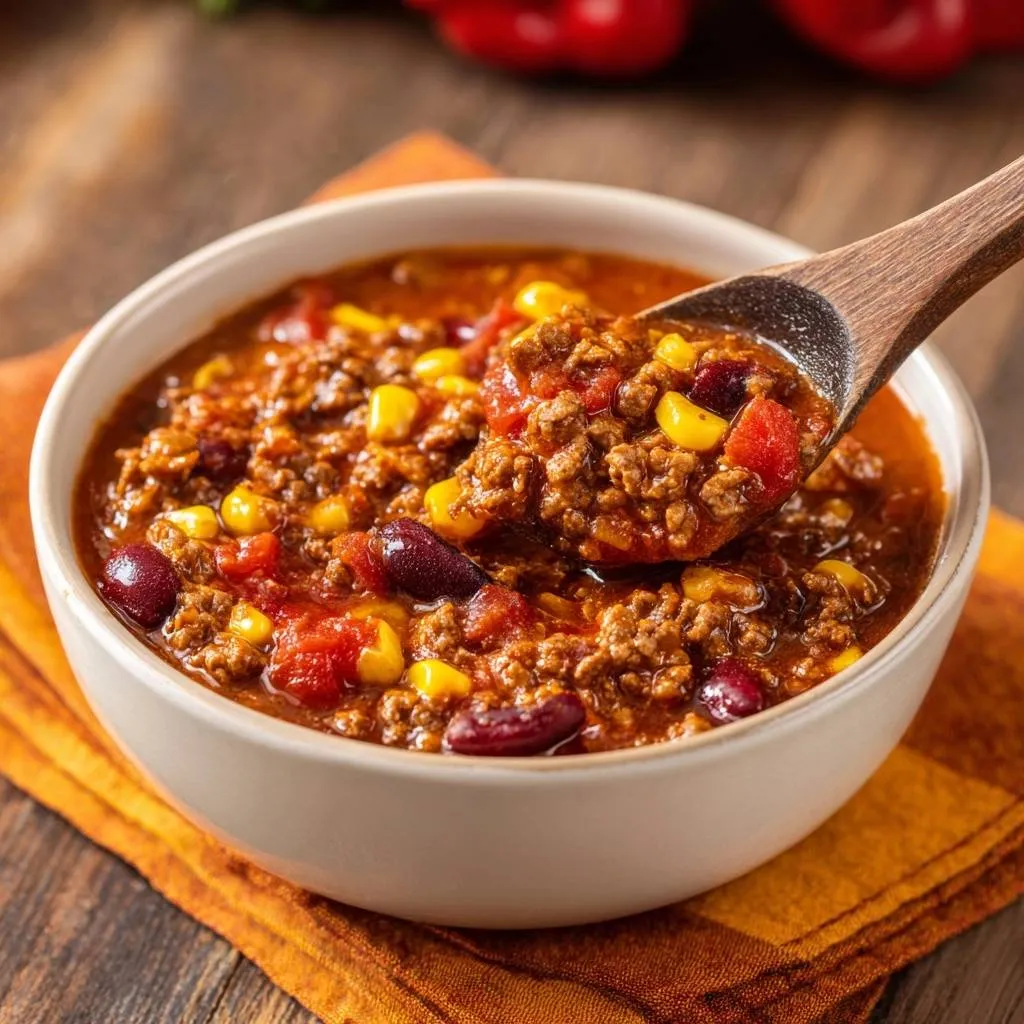 Hearty beef chili with spoonful detail showing texture and ingredients in a white bowl.