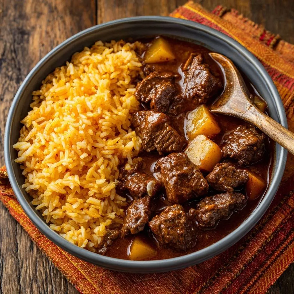 Hearty beef and potato stew served with yellow rice in a bowl, shown from an overhead angle with a wooden spoon.