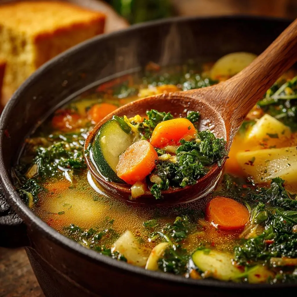Hearty collard greens veggie soup shown in a close-up with a wooden spoon lifting a spoonful filled with zucchini, carrots, and kale.
