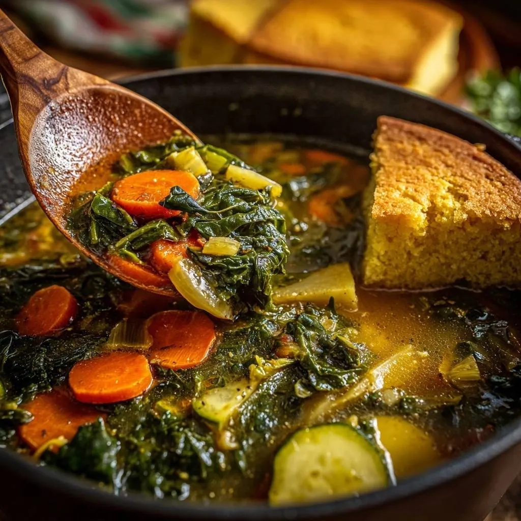 Hearty collard greens veggie soup with a wooden spoon lifting a spoonful full of carrots and greens.