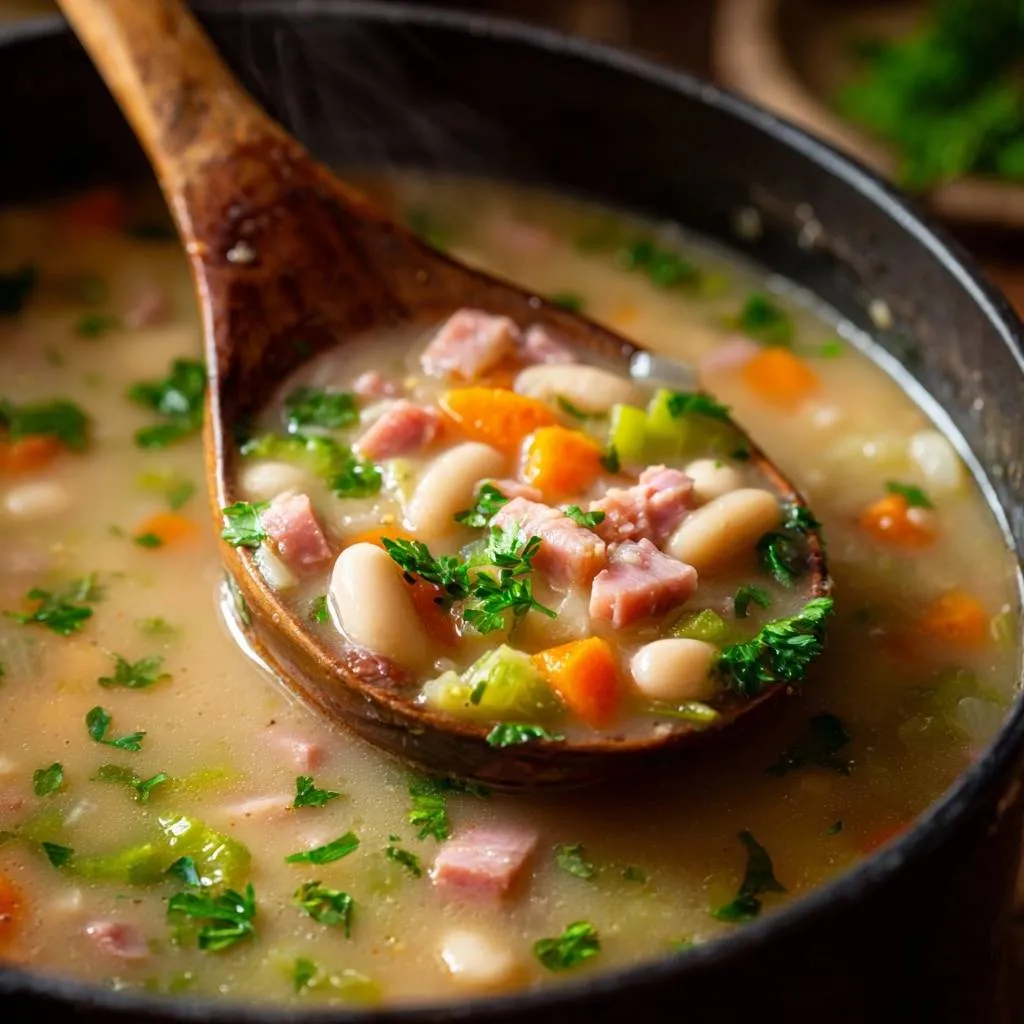 Hearty ham and white bean soup being served from a pot with a wooden ladle, showing chunks of ham, white beans, and carrots.