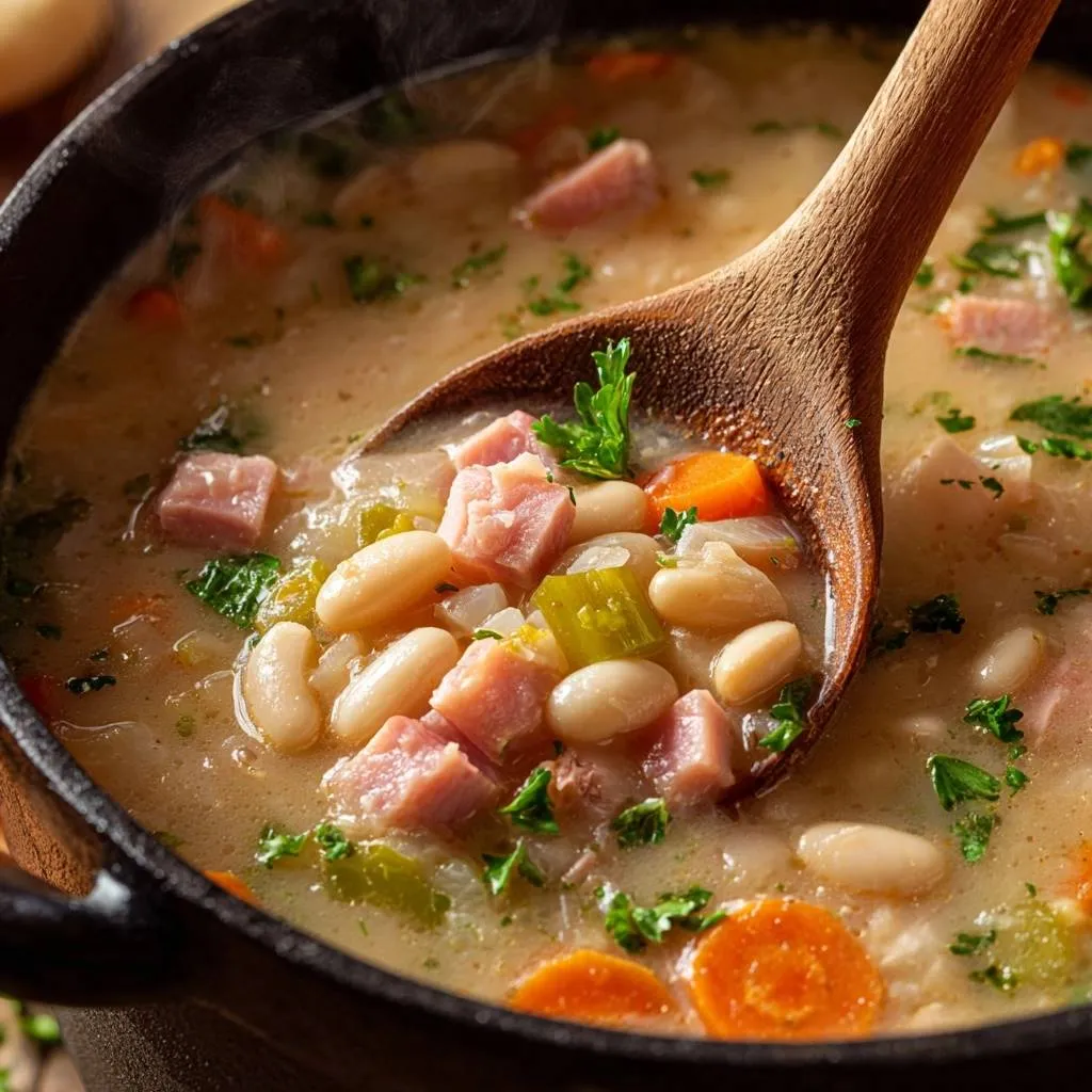 Hearty ham and white bean soup being scooped with a wooden spoon, showing a close-up of the ingredients.