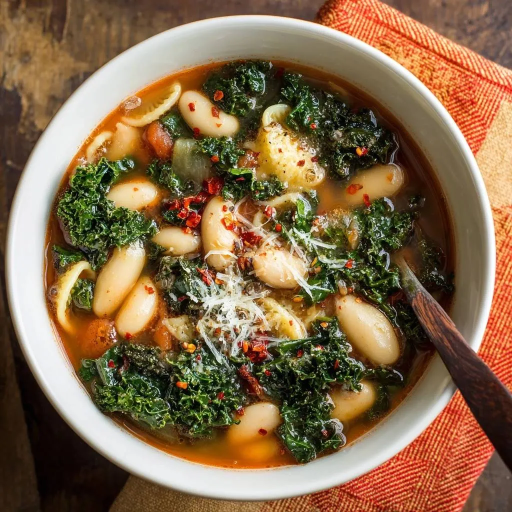 Hearty kale white bean orecchiette soup served in a white bowl, with a close-up view of ingredients and a wooden spoon.