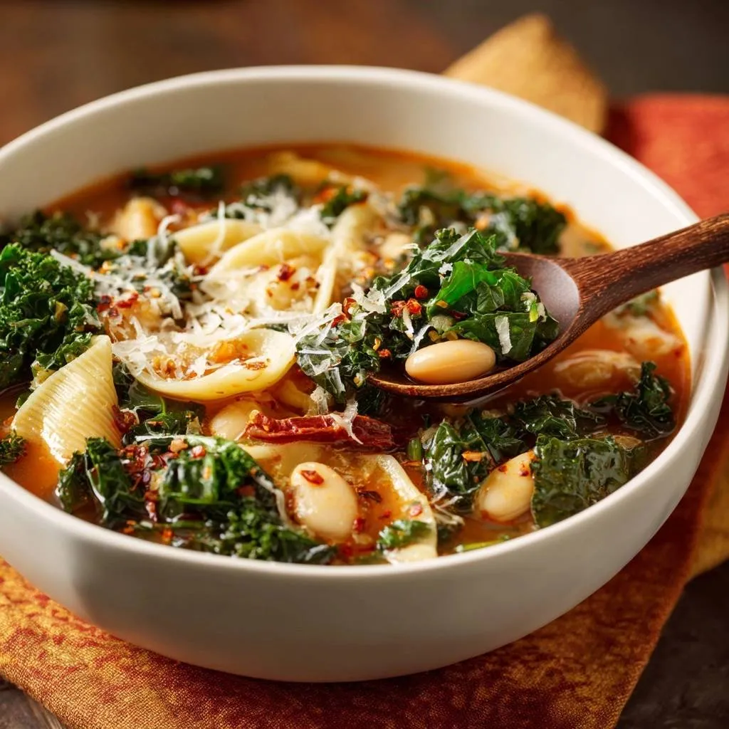 Hearty kale white bean orecchiette soup shown in a white bowl with a wooden spoon lifting a spoonful of the ingredients.
