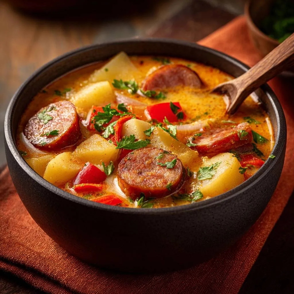 Hearty smoked sausage potato soup served in a dark bowl with a wooden spoon, showcasing potatoes and sausage.