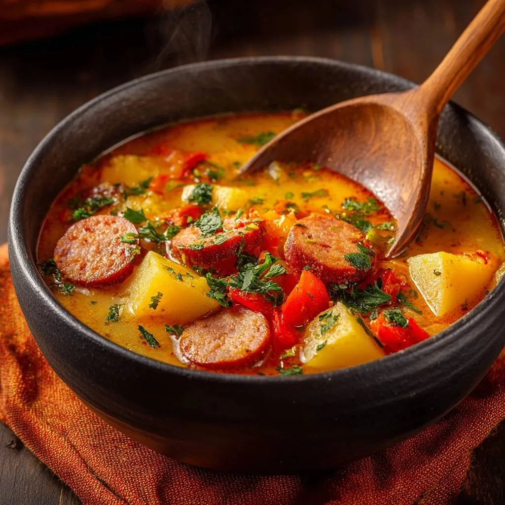 Hearty smoked sausage potato soup steaming in a rustic black bowl with a wooden spoon, featuring potatoes, sausage slices, and parsley.