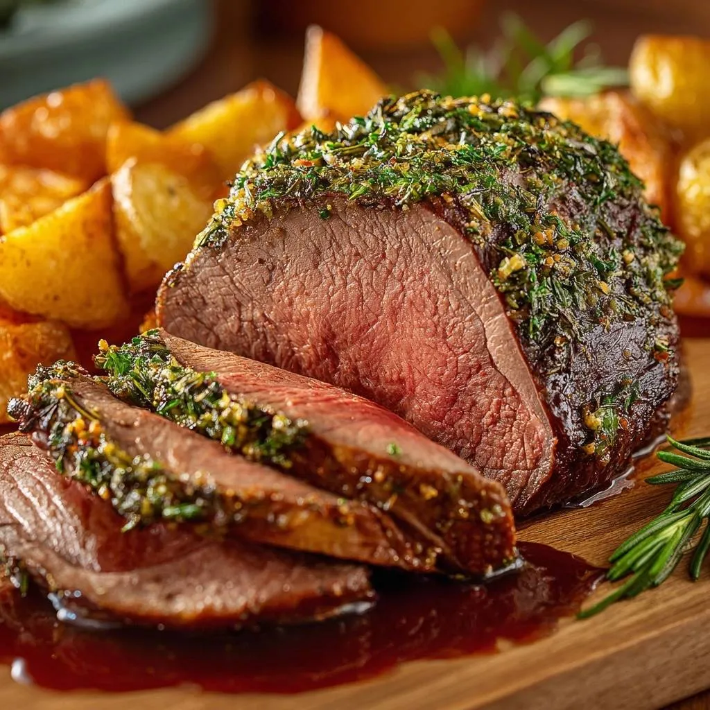 Herb crusted roast beef with golden potatoes, sliced to reveal a juicy, pink interior and herb topping.