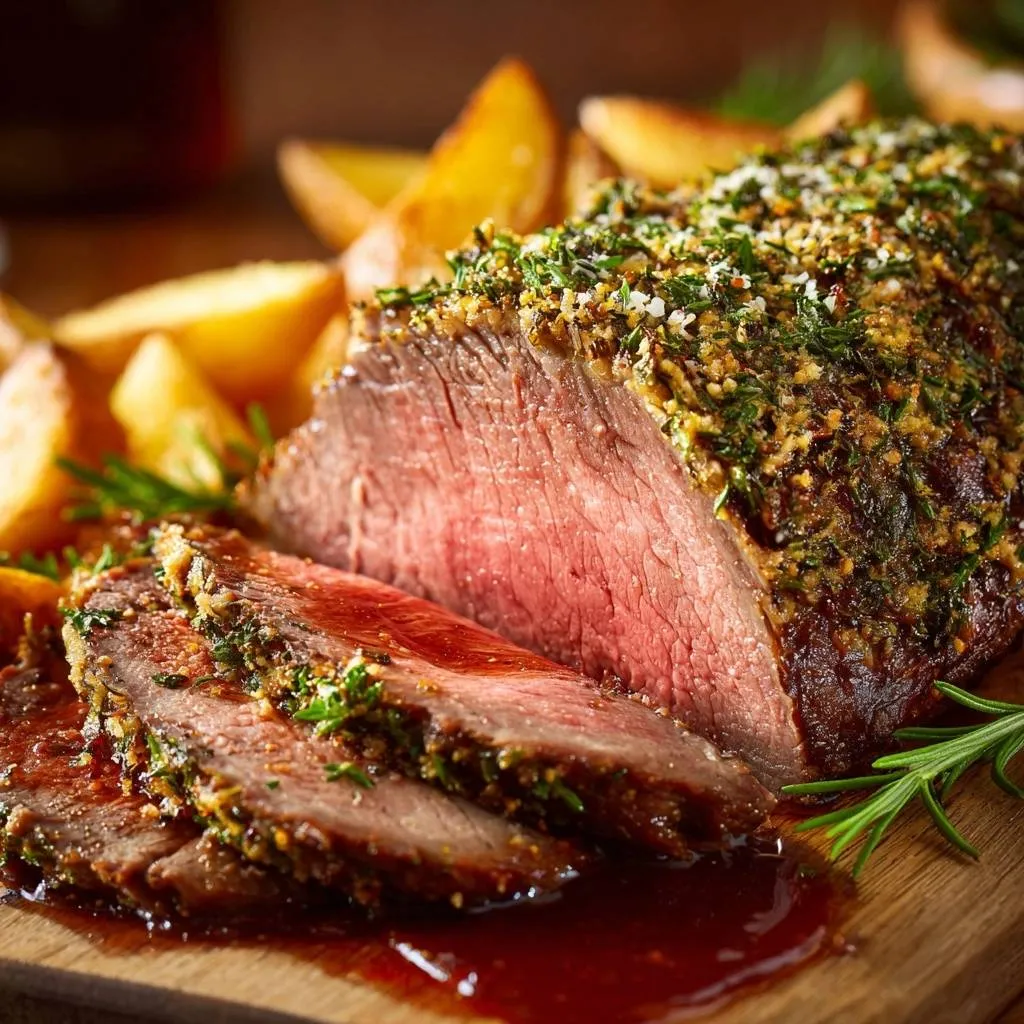 Herb crusted roast beef with golden potatoes, showing a sliced cross-section with rich juices.