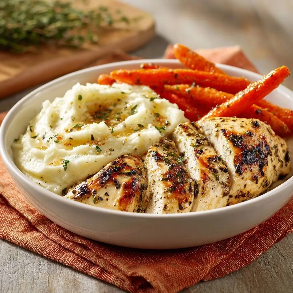 Herb roasted chicken and garlic mash plated side-view with roasted carrots in a white bowl.
