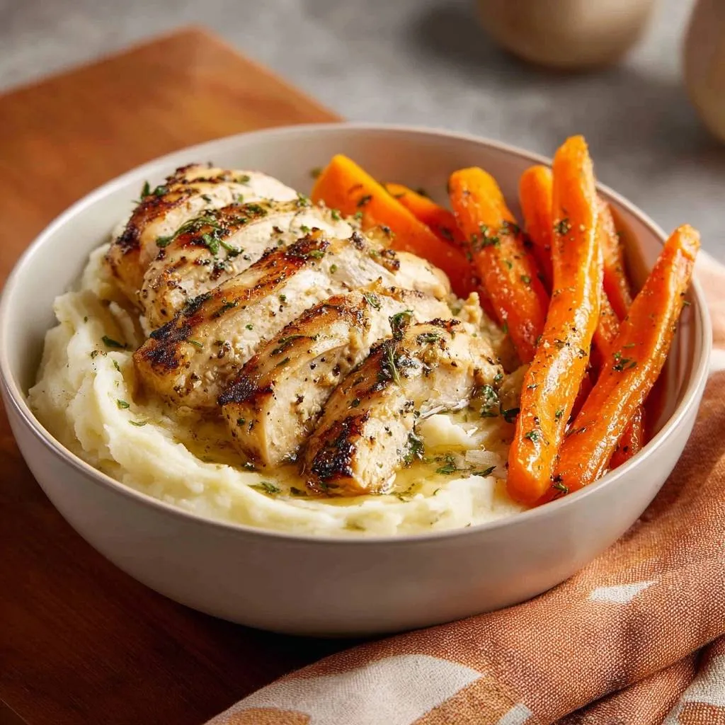 Herb roasted chicken and garlic mash served in a bowl, sliced chicken breast with roasted carrots