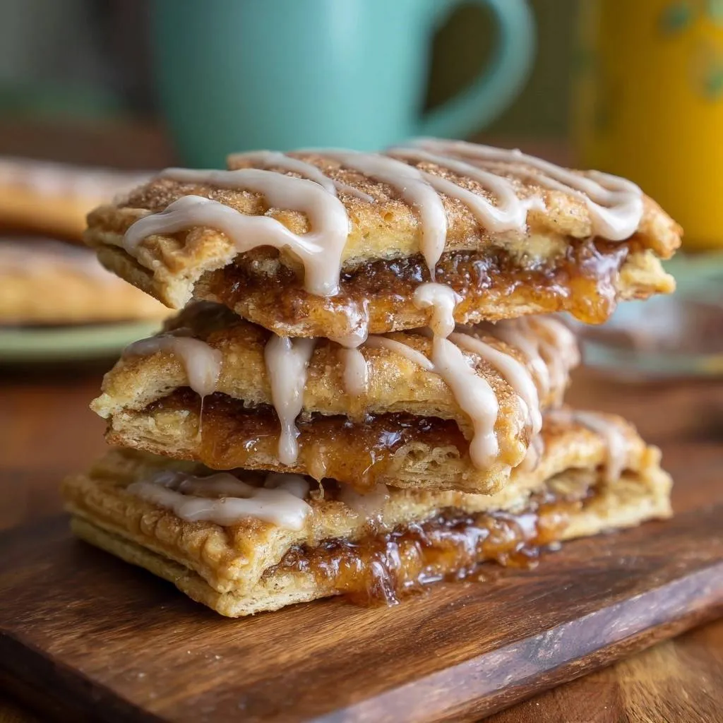 Homemade apple cinnamon toaster strudels stacked high, showing a gooey apple filling and drizzled icing in a close-up cross-section.