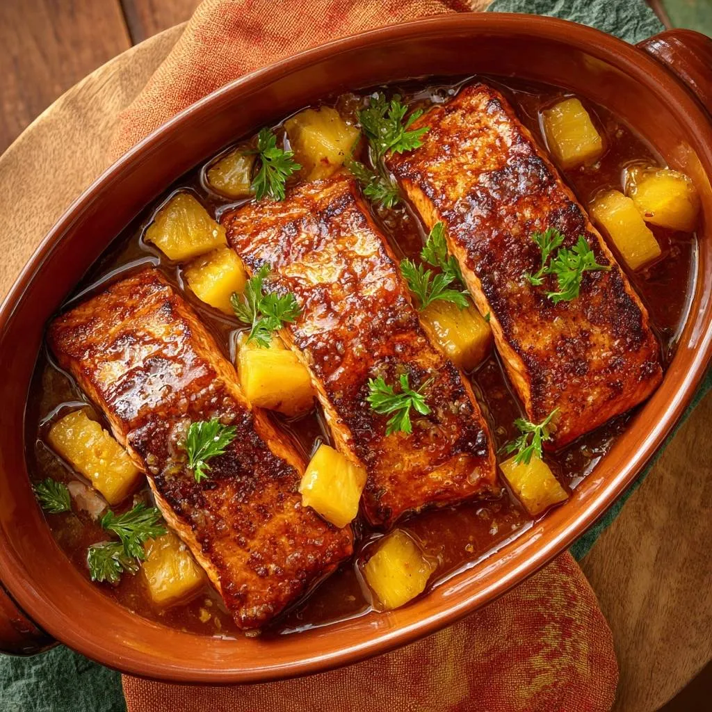 Honey glazed pineapple salmon shown in an oval baking dish with pineapple chunks and parsley garnish from an overhead perspective.