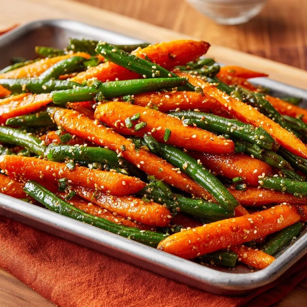 Honey glazed roasted carrots and green beans with sesame seeds and chives, a close-up detail shot.