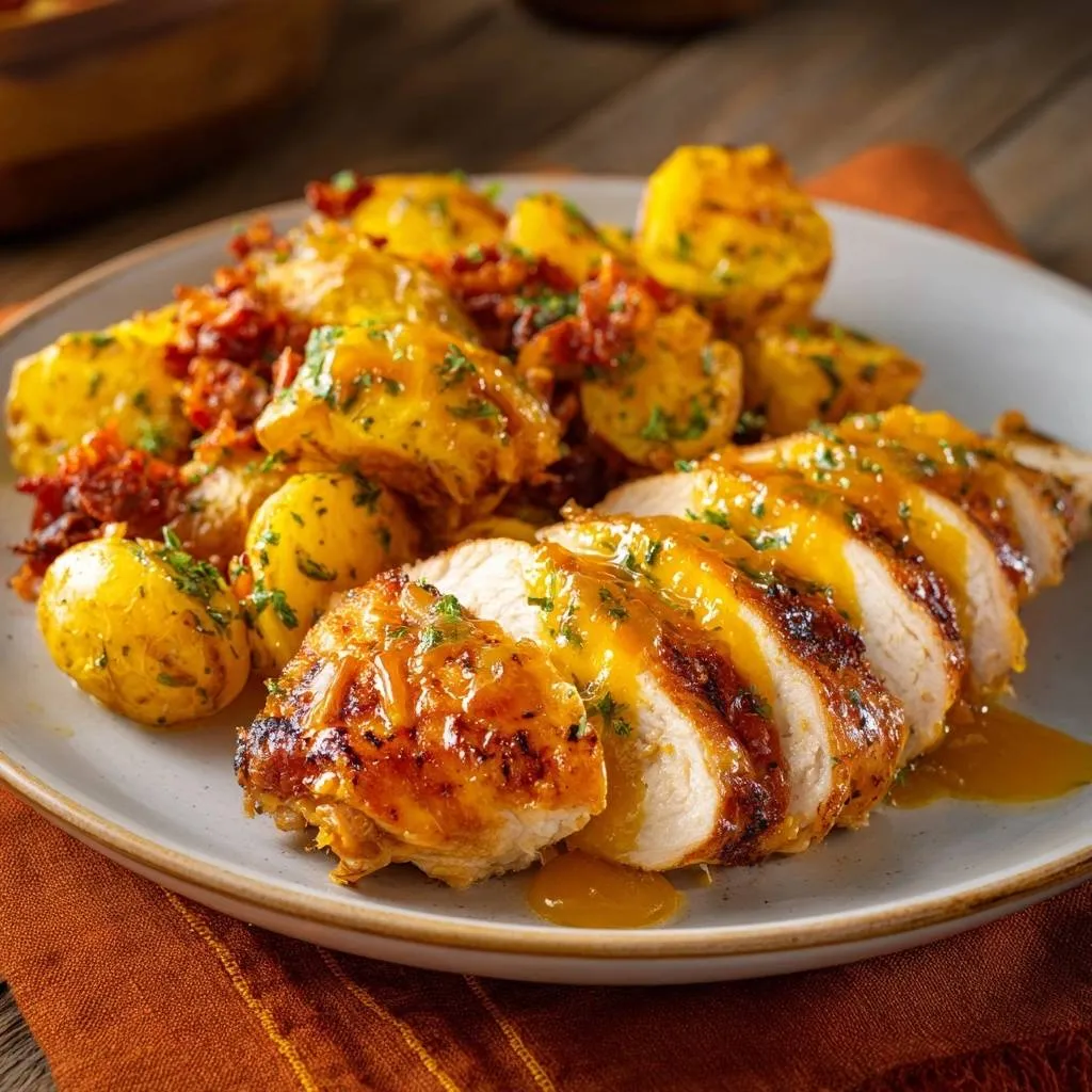 Honey mustard glazed chicken and roasted potatoes plated, showcasing a sliced chicken breast with a rich glaze.