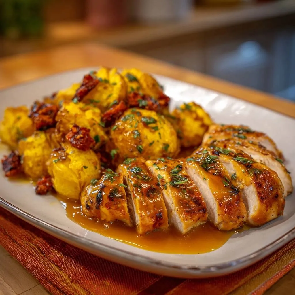 Honey mustard glazed chicken sliced and served with roasted potatoes and sun-dried tomatoes.