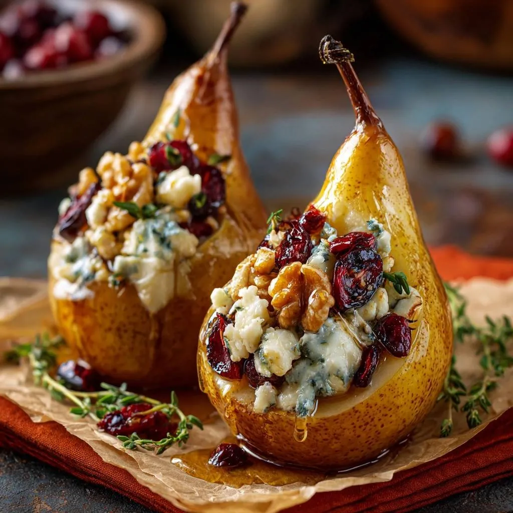 Honey roasted stuffed pears with a close-up view of the honey drizzle and walnut filling.