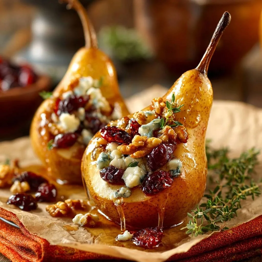 Honey roasted stuffed pears with a close-up view of the honey drizzle and walnut filling.
