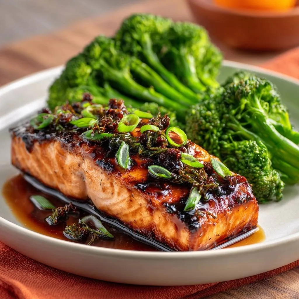 Honey soy glazed salmon with broccoli, served on a white plate with a detailed close-up of the glistening glaze and fresh green onions.