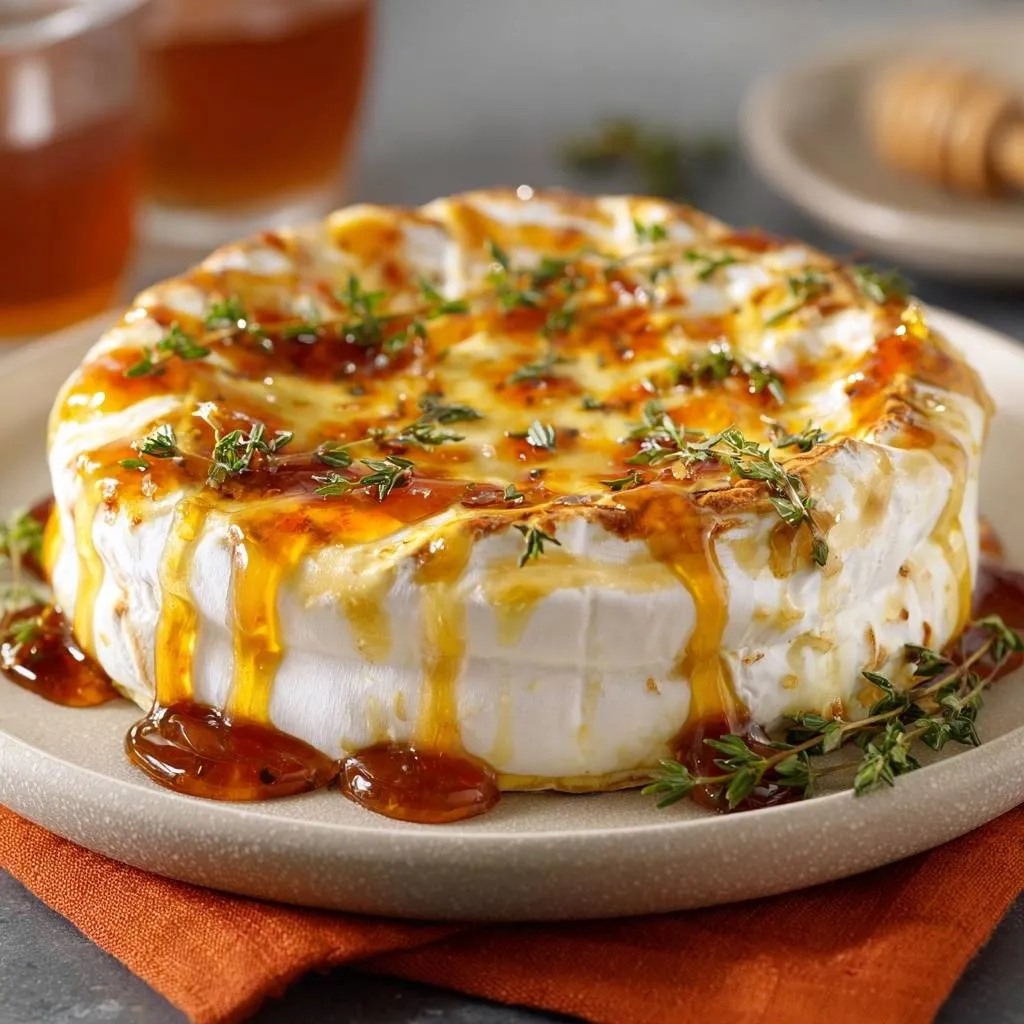 Honey thyme baked brie drizzled with honey and garnished with fresh thyme sprigs on a plate
