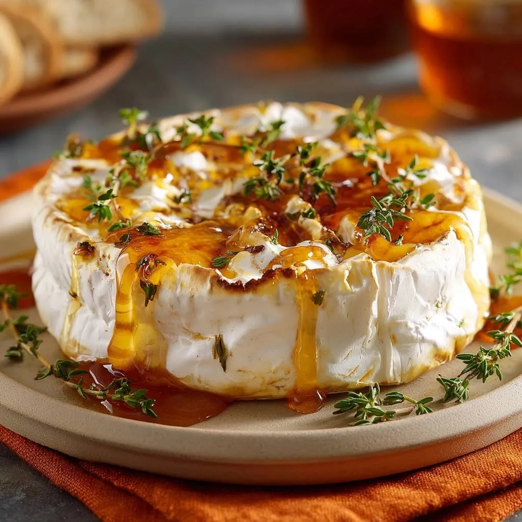 Honey thyme baked brie, a whole wheel glazed with honey and fresh thyme sprigs, served on a rustic plate.