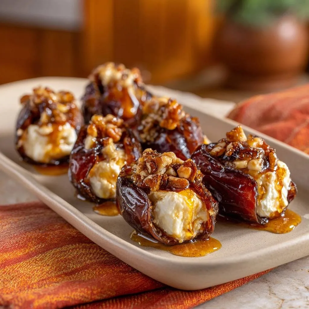 Honey walnut stuffed Medjool dates close-up showing creamy filling and chopped nuts, drizzled with caramel.