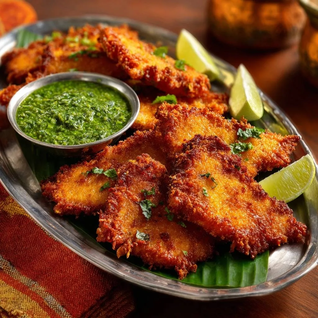 Crispy Indian fish fry served on a platter with green chutney and lime wedges, showcasing a restaurant-style presentation.