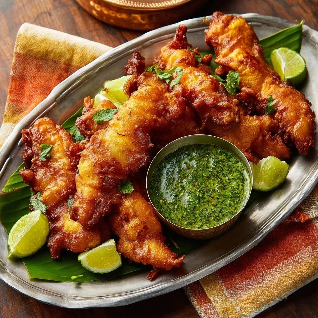 Crispy Indian fish fry served with green chutney and lime wedges on a metal platter.