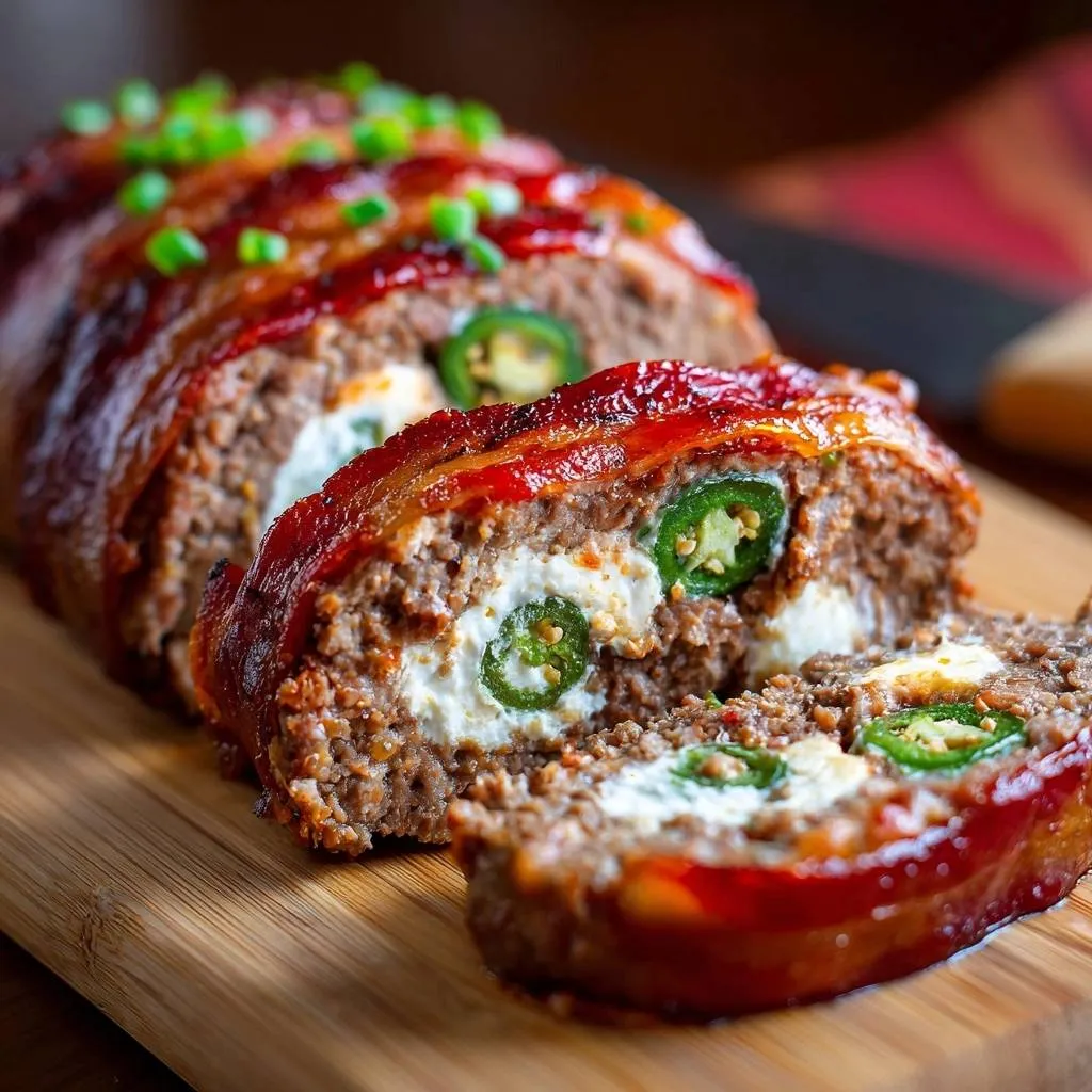 Jalapeno Feta Bacon-Wrapped Meatloaf recipe shown in a close-up cross-section revealing the creamy cheese and jalapeño filling.