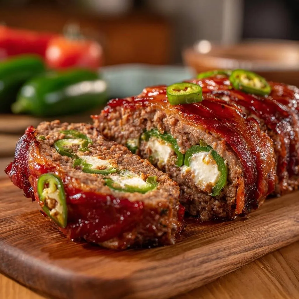 Jalapeno feta bacon-wrapped meatloaf sliced to reveal a creamy cheese and pepper interior.