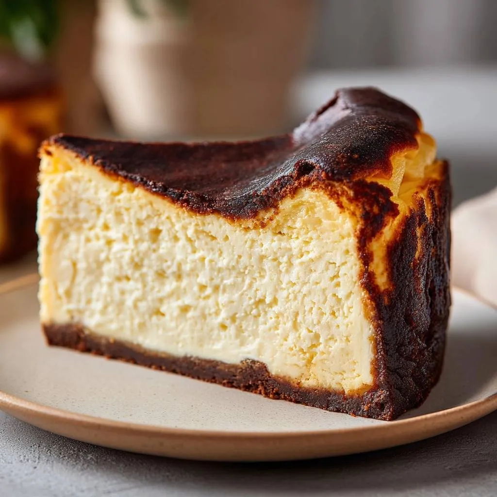 Japanese burnt cheesecake slice with a burnt top and creamy interior shown in a close-up cross-section.