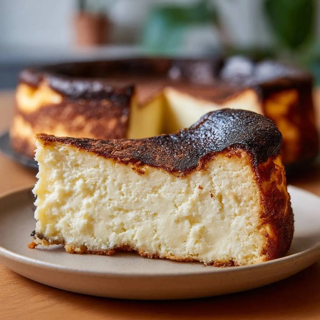 Japanese burnt cheesecake, a slice of creamy cheesecake with a caramelized top, served on a plate.