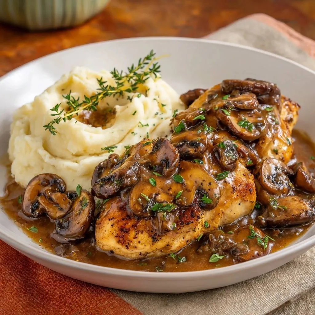 Juicy Pan-Seared Chicken with Mushroom Gravy and Creamy Mashed Potatoes - recipe image