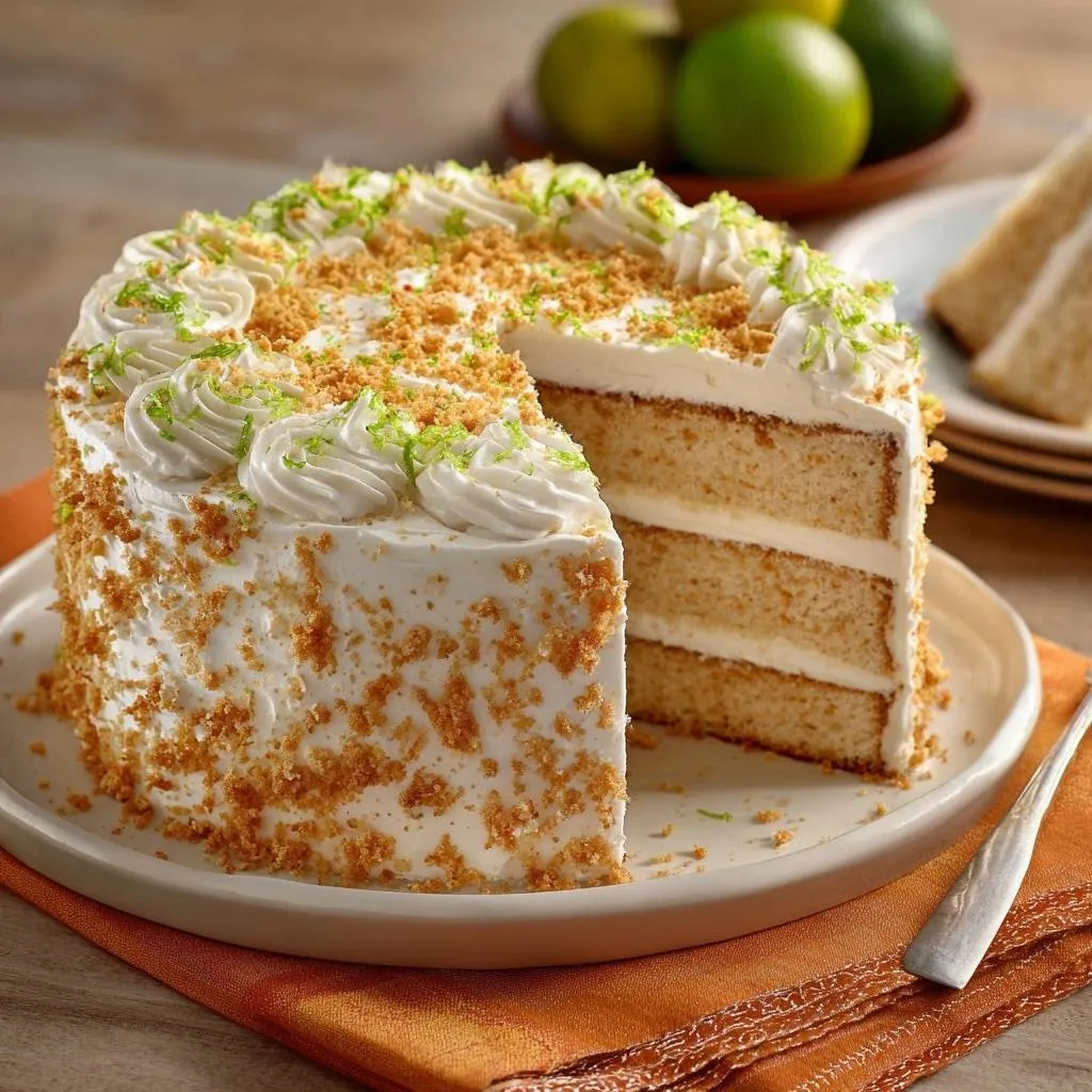 Key lime layer cake showing a moist cross-section with creamy frosting and crumb coating.