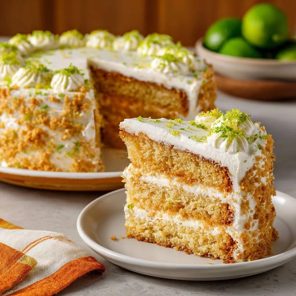 Key Lime Layer Cake, a slice on a white plate showcasing its moist citrus layers and creamy frosting.