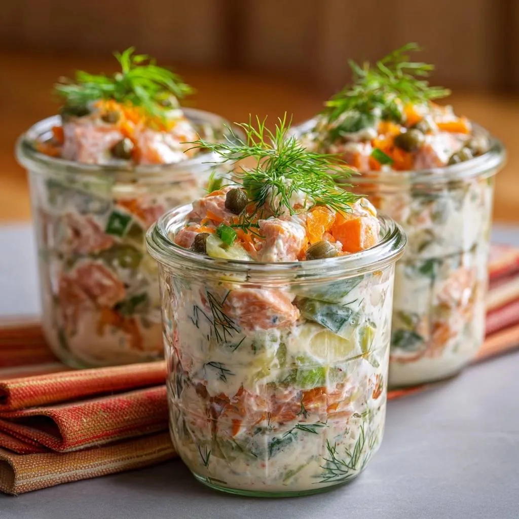 Layered creamy salmon salad served in individual glass jars, showcasing crisp vegetables and fresh dill garnish.