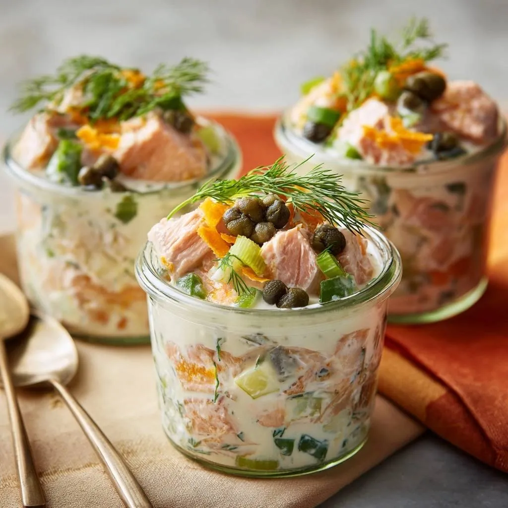Layered creamy salmon salad in individual glass jars, showcasing fresh ingredients and a creamy dressing.