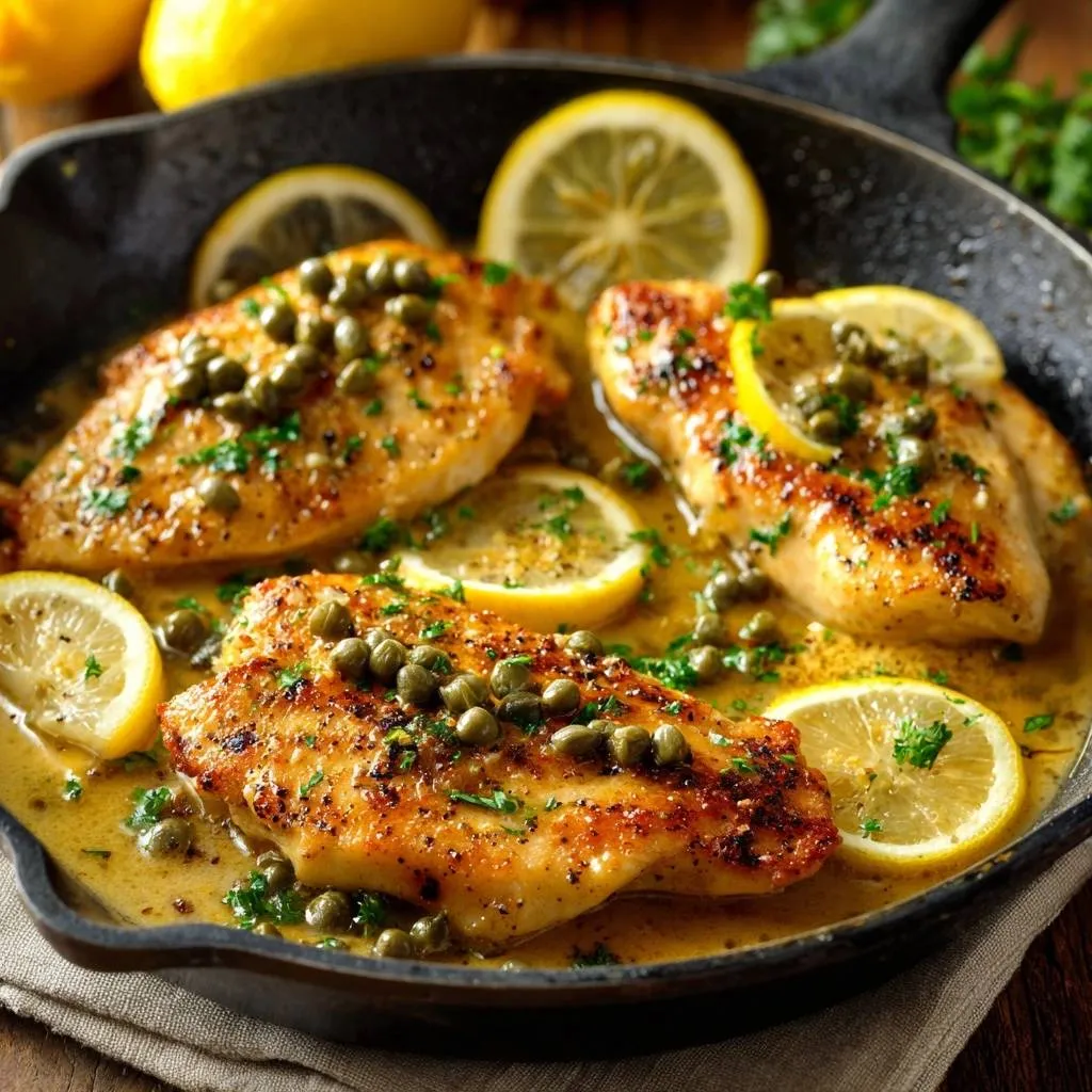 Classic lemon caper chicken piccata served in a skillet, showcasing the tender chicken breasts with a bright lemon butter sauce and capers.