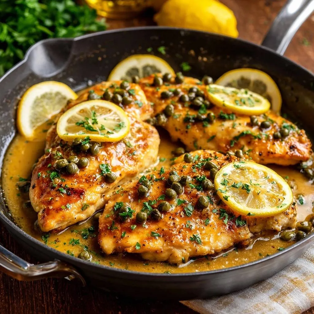 Classic lemon caper chicken piccata served in a skillet, garnished with lemon slices and capers.