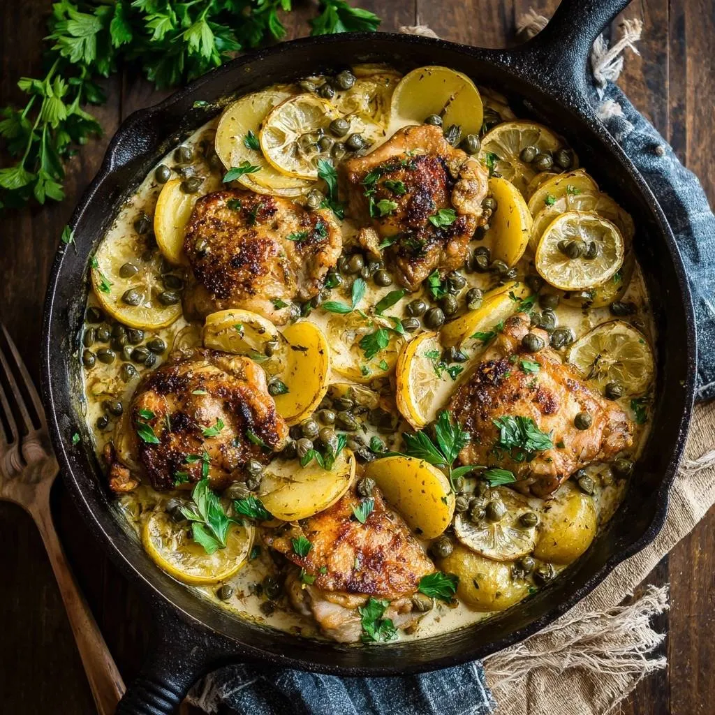 Skillet lemon caper chicken thighs with potatoes shown in a cast iron pan from an overhead view, garnished with parsley.