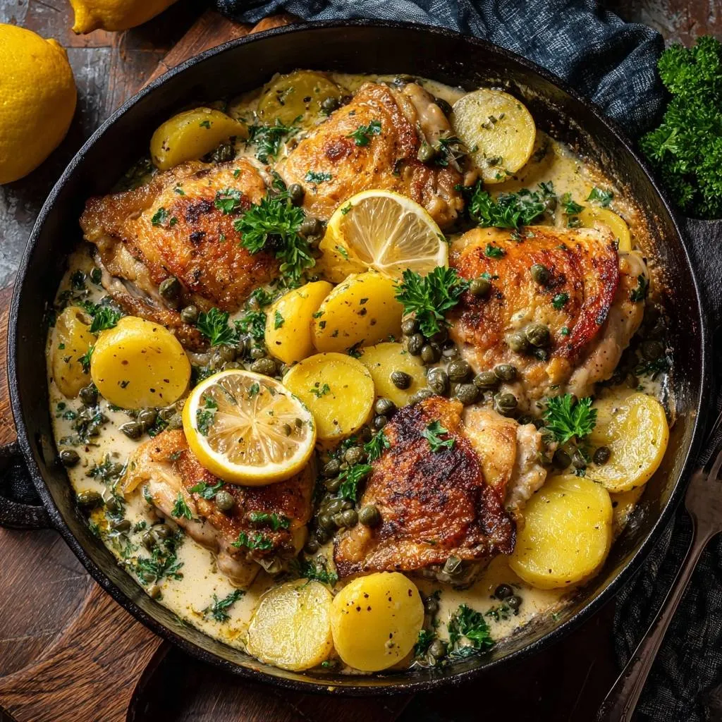 Skillet lemon caper chicken thighs with potatoes served in a cast iron pan, viewed from directly above.