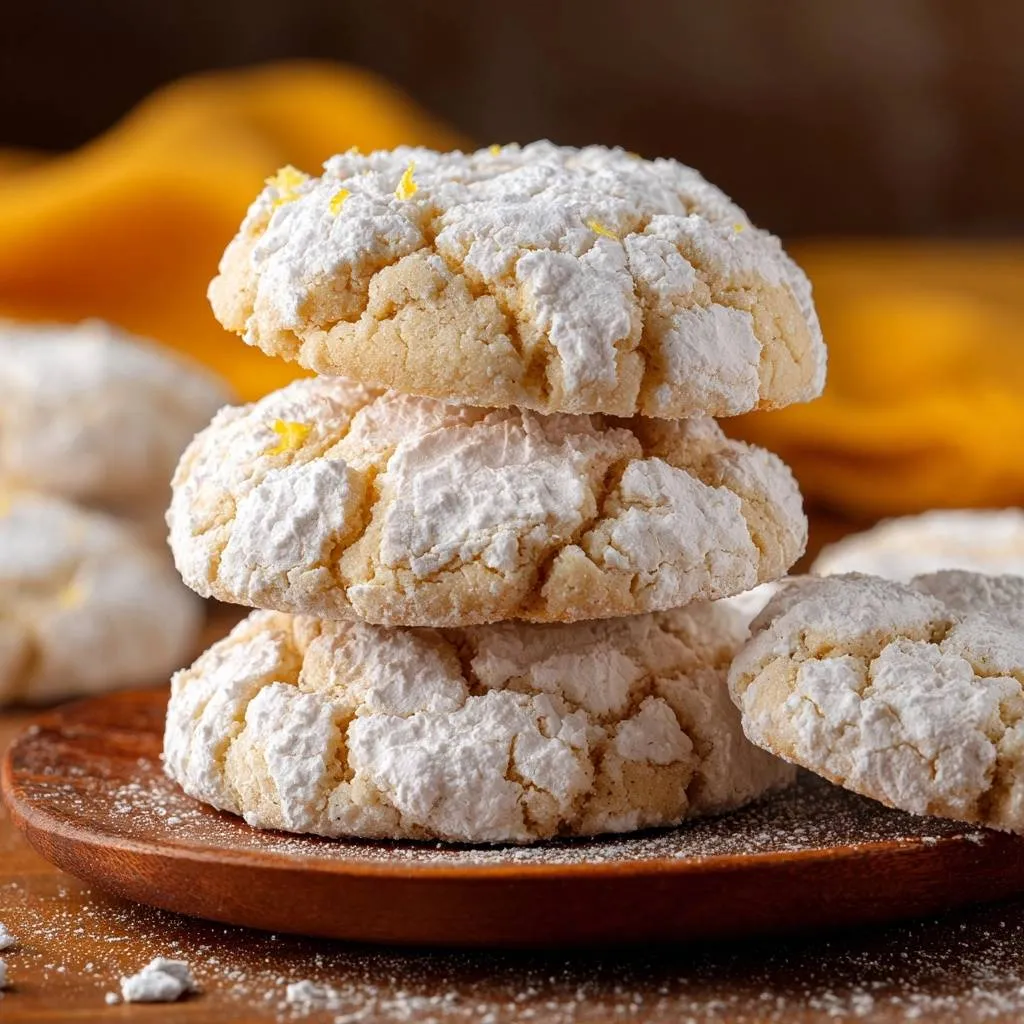 Lemon crinkle cookies with perfect cracked tops stacked on a wooden plate, dusted with powdered sugar.