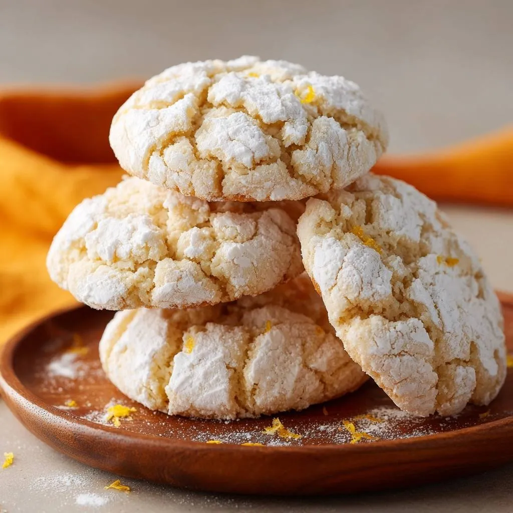 Lemon crinkle cookies with perfect cracked tops stacked on a wooden plate, dusted with powdered sugar and citrus zest.