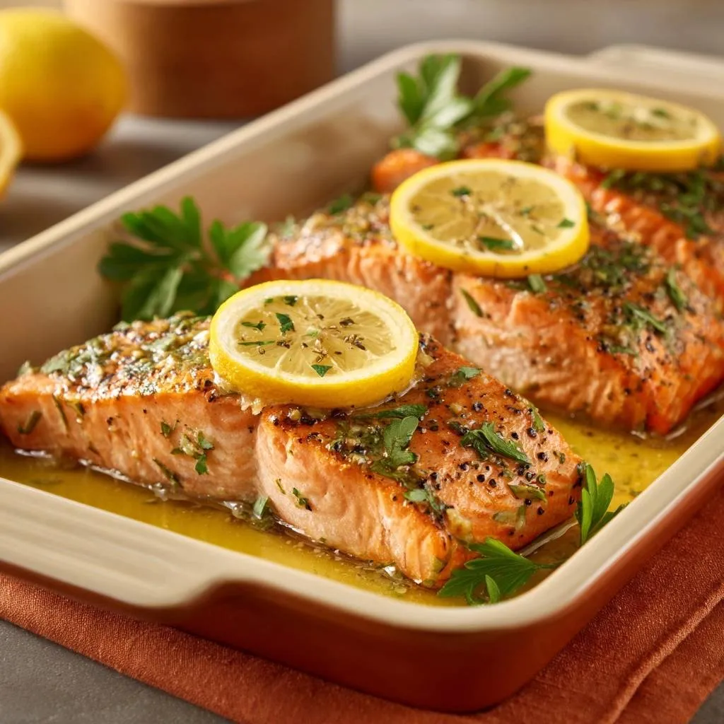 Lemon herb baked salmon fillets glistening in a baking dish with lemon slices and fresh parsley garnish.