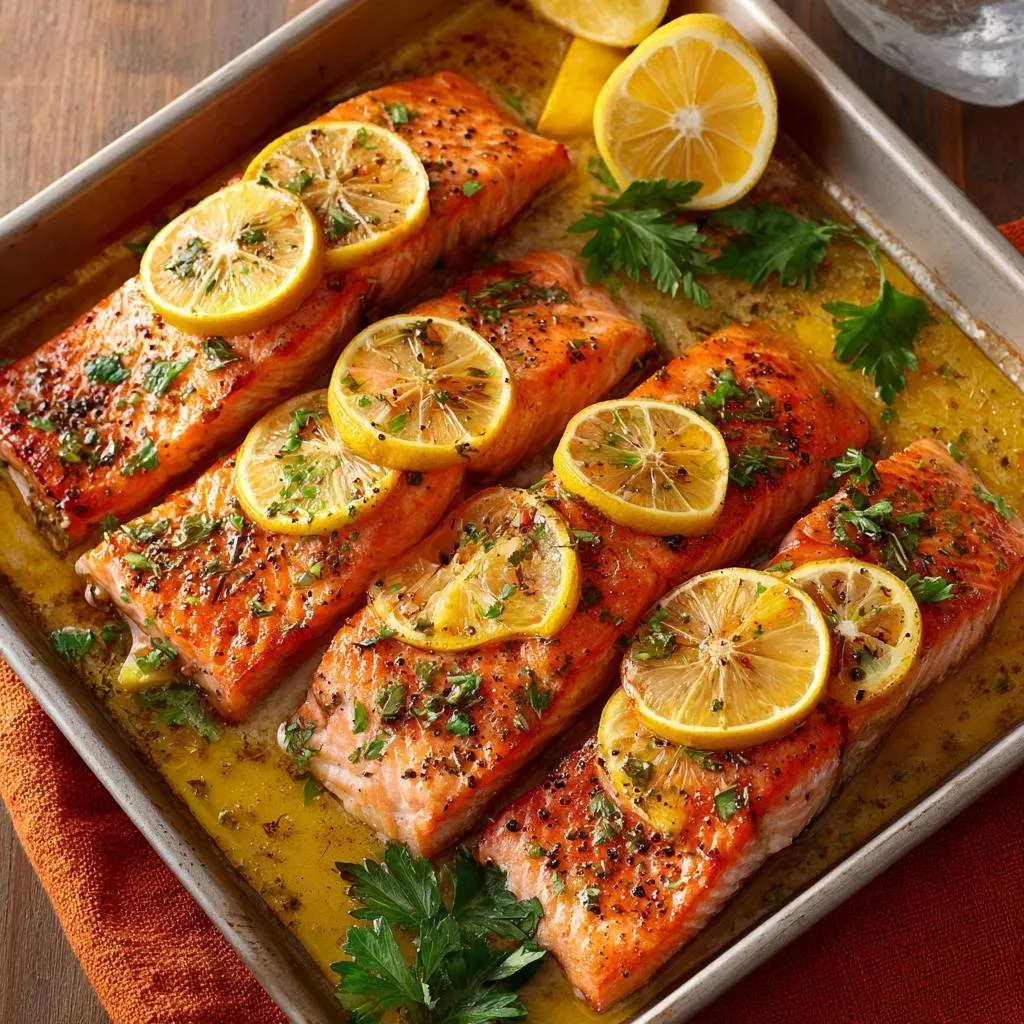 Lemon herb baked salmon arranged on a sheet pan, topped with lemon slices and fresh parsley.