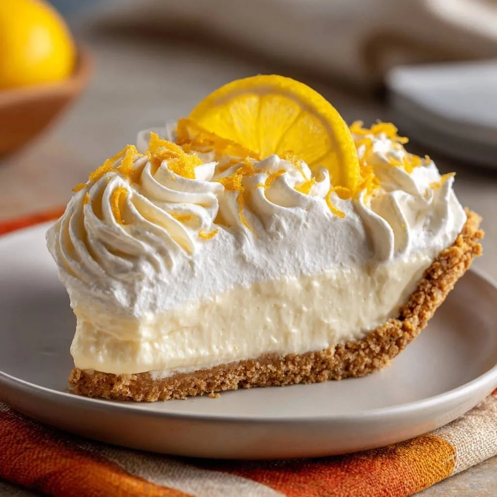Lemon meringue pie slice garnished with whipped cream, lemon zest, and a lemon slice.