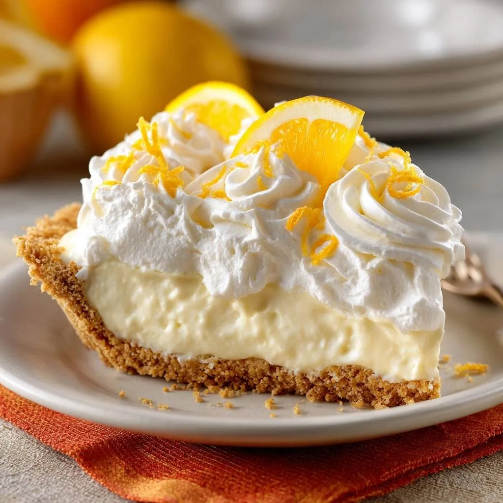 Lemon meringue pie slice with whipped topping and orange zest garnish on a white plate